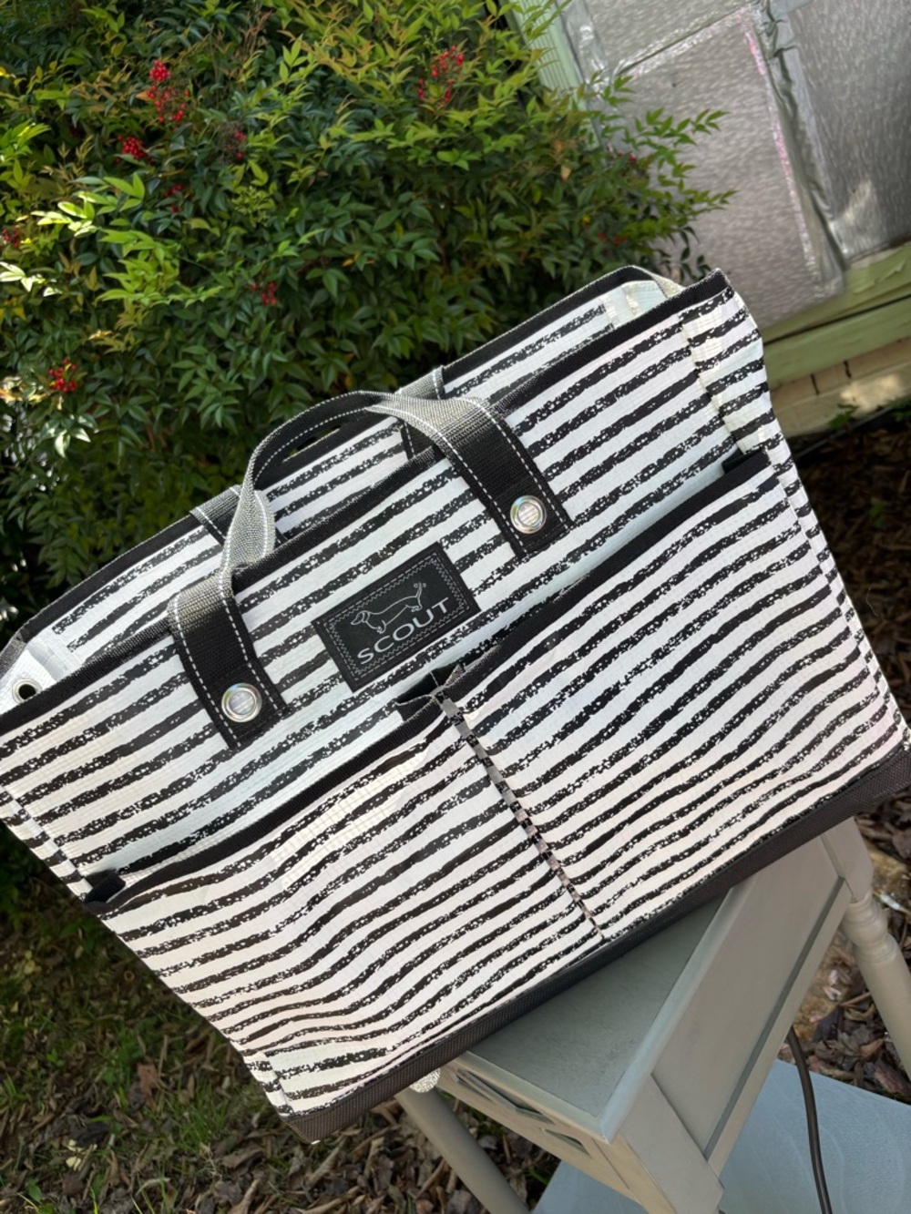 SCOUT Black and White Striped Duffel Tote 20 in wide